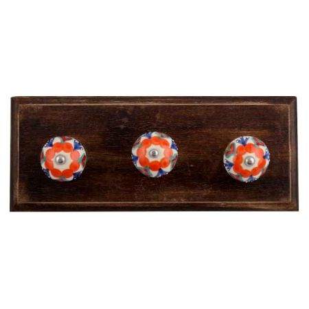 Orange Flower Ceramic Floral Wooden Hooks